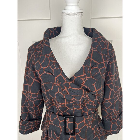 Ali Miles Animal Print Jacket Women's Sz 10 Black Rust Belted Portrait Collar - Picture 2 of 11